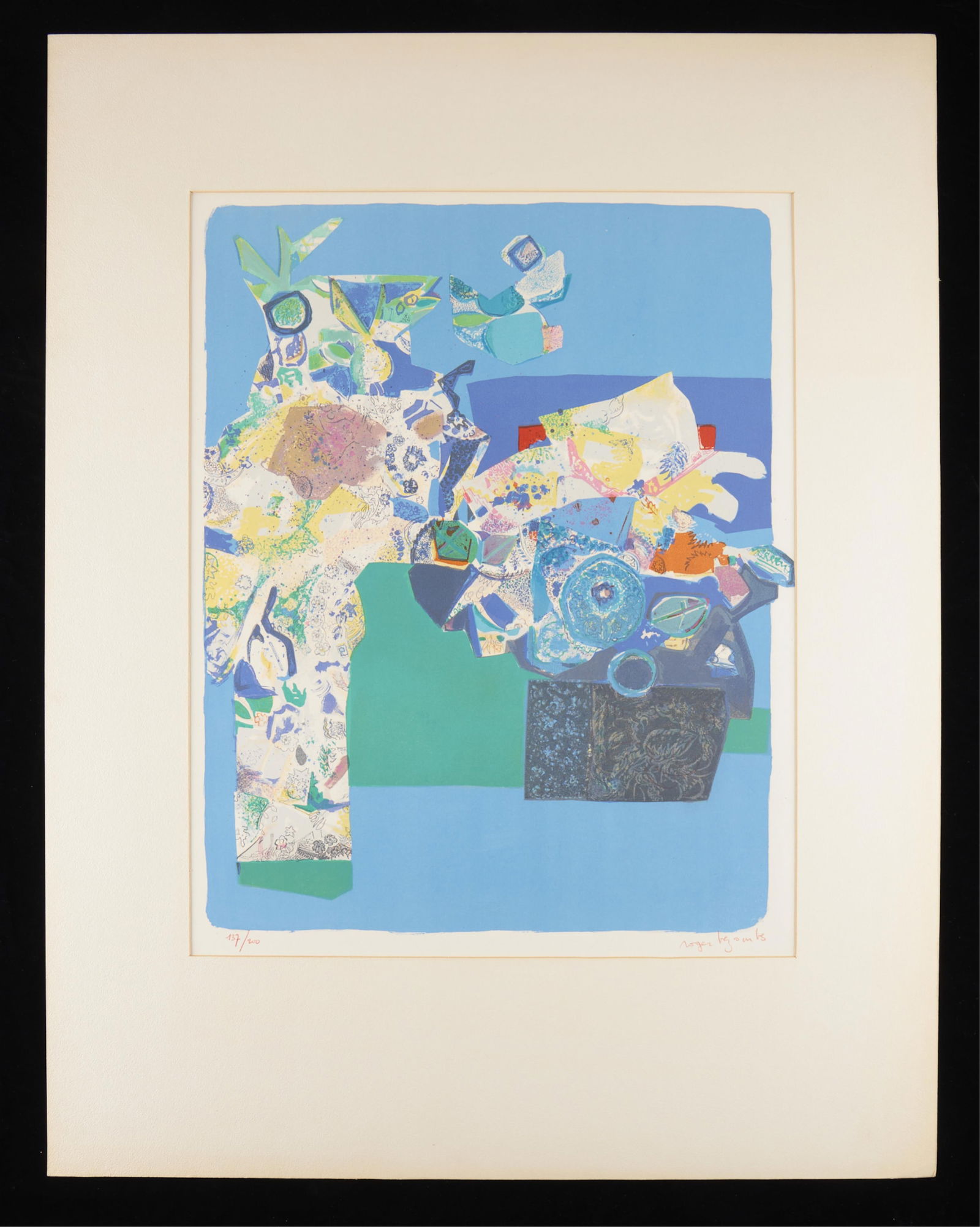 Roger Bezombes Abstract Lithograph: Lithograph depicting abstract motifs, executed in vibrant colors and patterns, resembling a collage. Signed along the lower right and editioned 137/200 along the lower left.Height: 36 in x width: 28 i