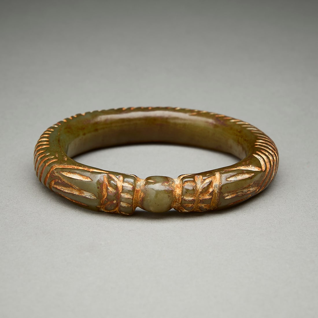 Chinese Carved Green Jade Bangle w/ Dragon & Pearl (1 of 4)