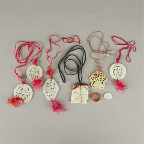 8 Pcs Incl. Jade Pendants, Button, & Agate Ring