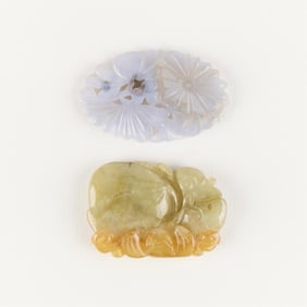 2 Antique Chinese Carved Jadeite & Agate Plaques