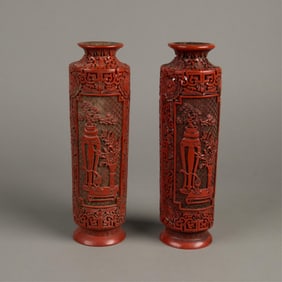 Pr Chinese Carved Red Lacquer Vases