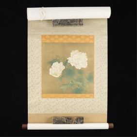 Asian White Cotton Roses Hanging Scroll