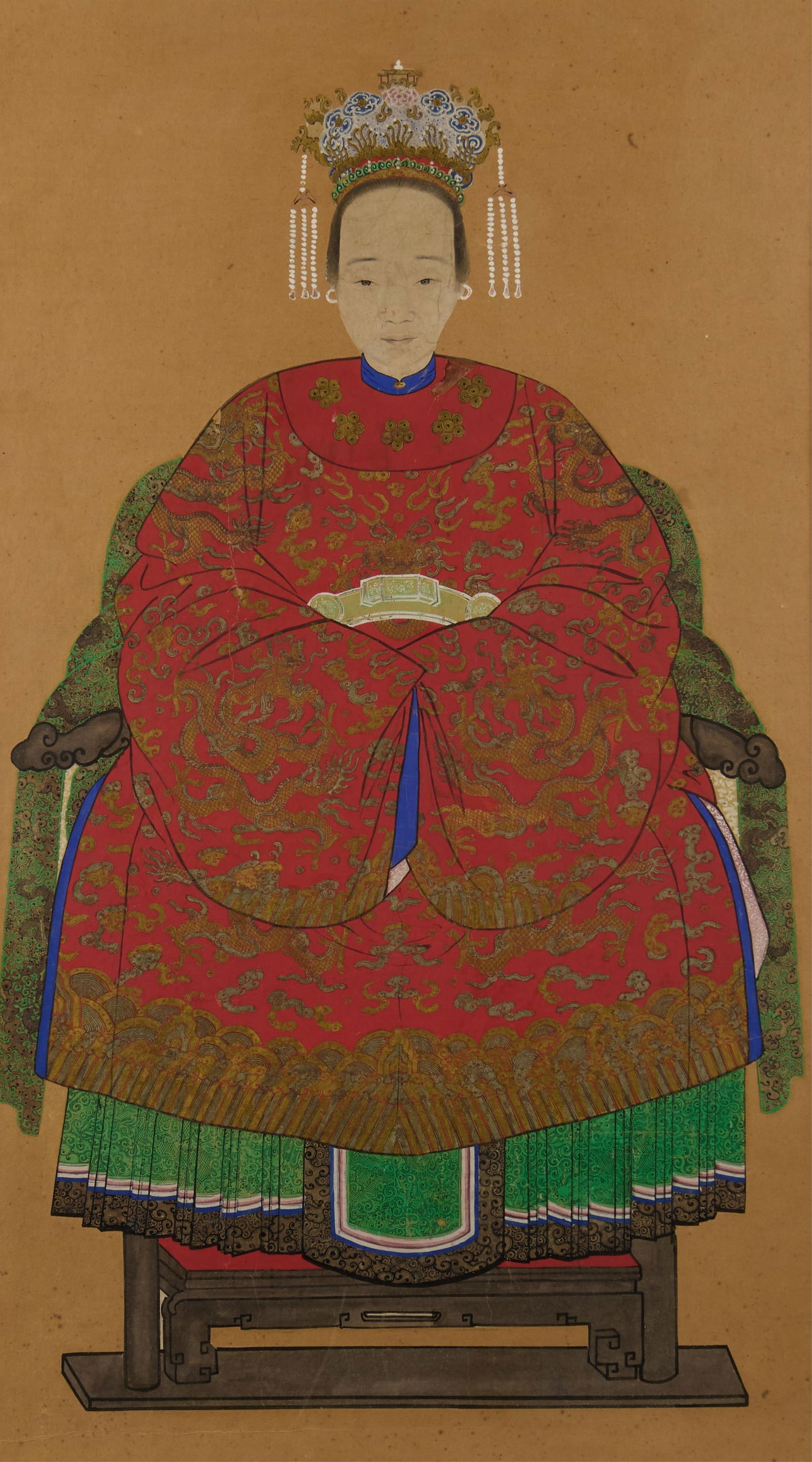 Chinese Qing Ink on Paper Ancestor Portrait: Chinese ancestor portrait painting. Depicting a high-ranking official in full-length. She wears a sumptuous red gown and an ornate gold and bead headdress.Height: 48 in x width: 31 in x depth: 1 1/2 i