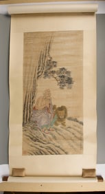 Chinese Scroll Painting of Man with Lion