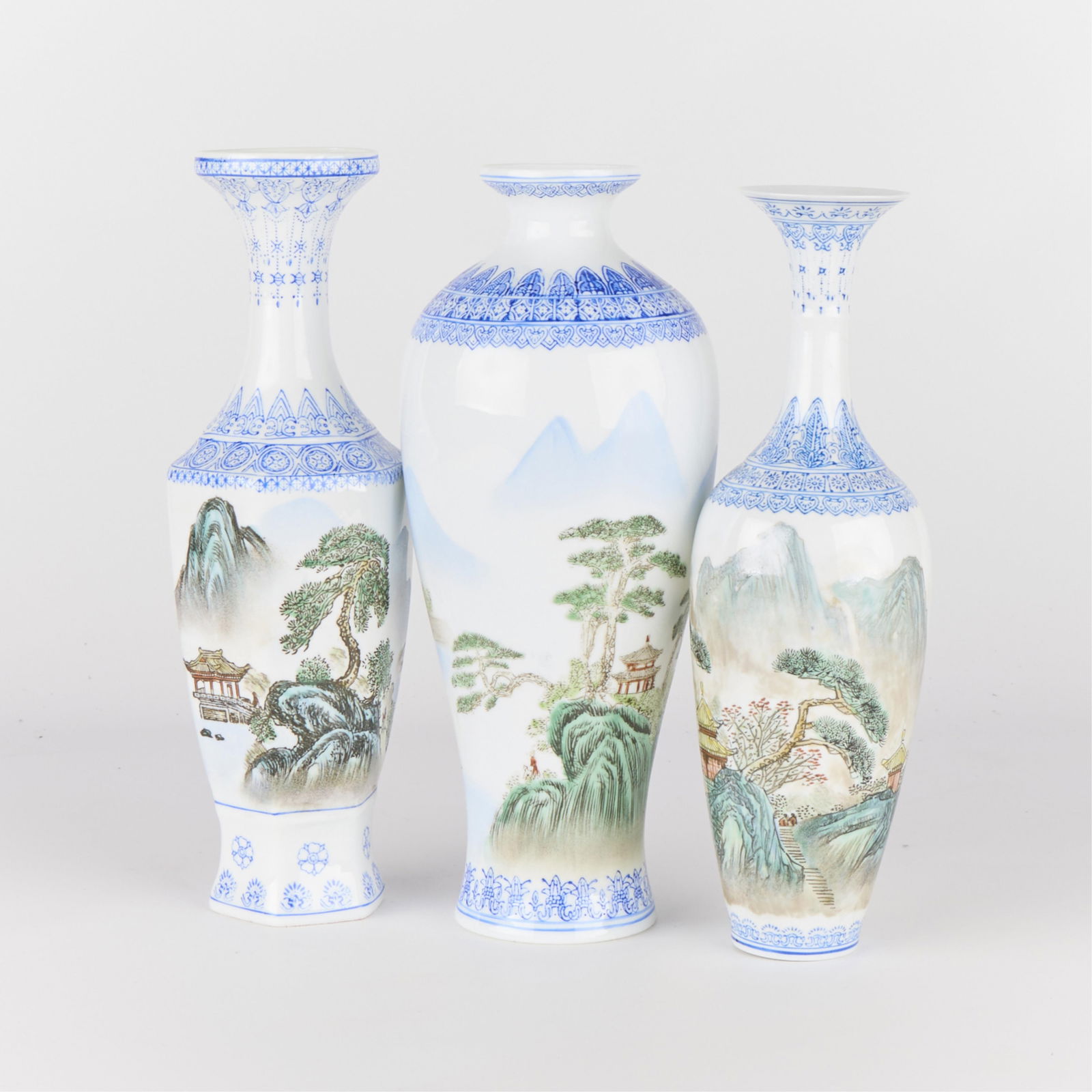 3 Antique Chinese Porcelain Baluster Vases: Group of three Chinese porcelain vases of baluster form depicting figural and landscape scenes.(Shipping dimensions) Height: 5 in x width: 13 1/2 in x depth: 11 1/2 in.
