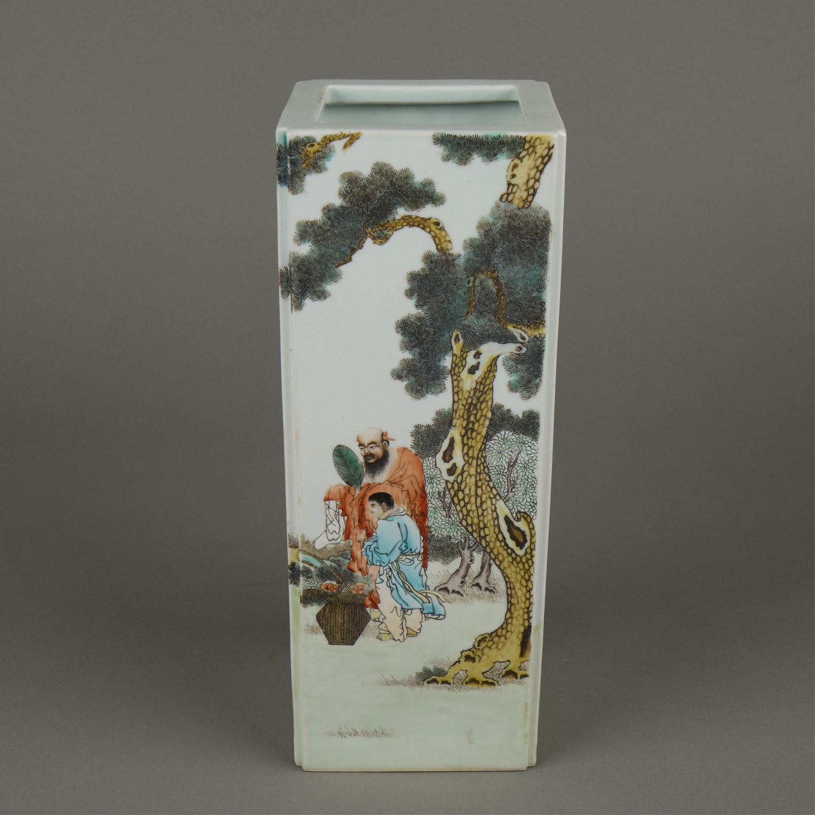 Chinese Porcelain Square Figural Vase: Chinese porcelain vase of square form depicting figural motifs.Height: 13 in x width: 5 1/4 in x depth: 5 1/4 in.