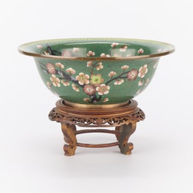 Green Chinese Cloisonne Floral Bowl w/ Stand