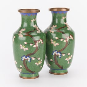 Pair Green Chinese Cloisonne Vases