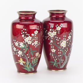 Pair Japanese Sato Pigeon Blood Cloisonne Vases