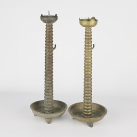 2 Japanese Bronze Bamboo Style Candlesticks