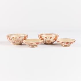 4 Pcs Japanese Ceramic Iron Red Bowls & Saucers