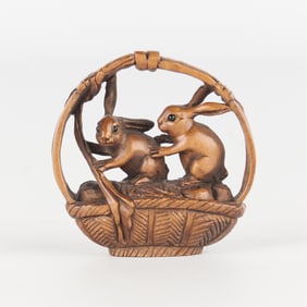 Japanese Carved Boxwood Rabbits-in-Basket Netsuke