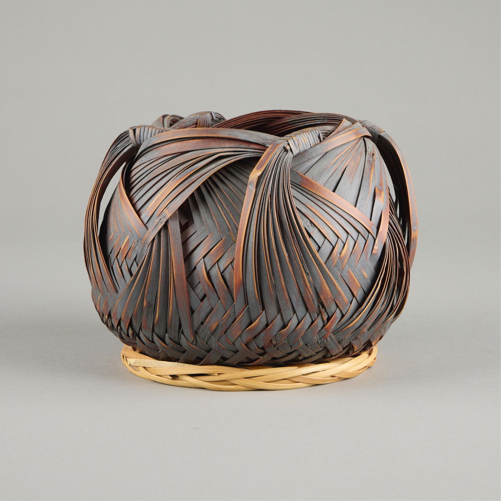 Japanese Bamboo Woven Ikebana Floral Basket: Japanese woven bamboo cane ikebana floral arrangement basket, or hanakago, of globular form.Height: 6 in x diameter: 8 in.