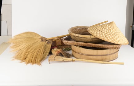 11 Antique Japanese Wooden & Woven Items