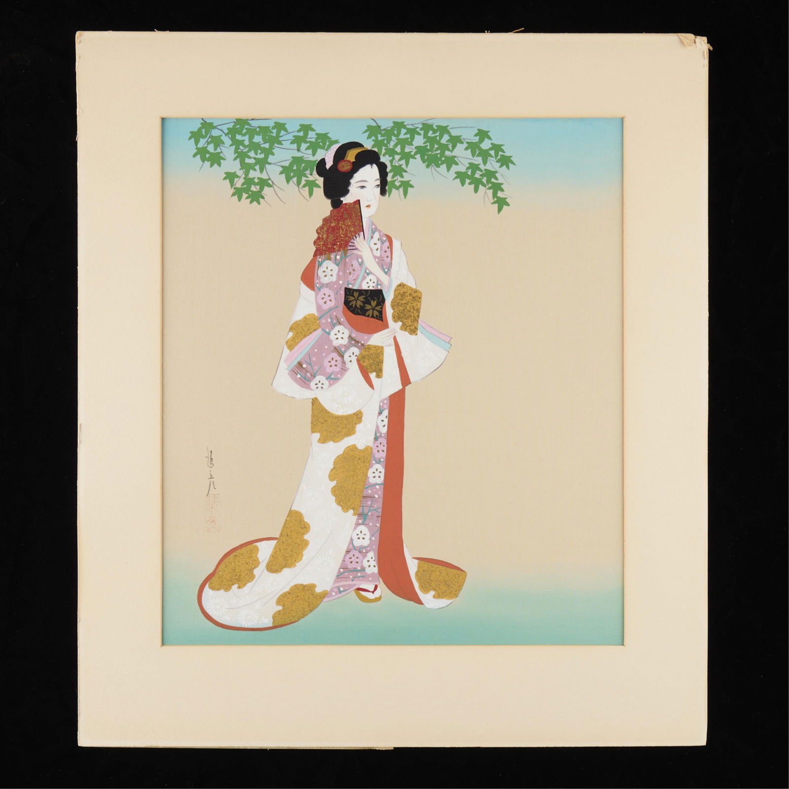 Ishikawa Kiyohiko Painting on Silk: Painting depicting an elegantly dressed woman with fans. Signed along the lower left.Height: 21 3/4 in x width: 19 1/4 in x depth: 1/4 in.