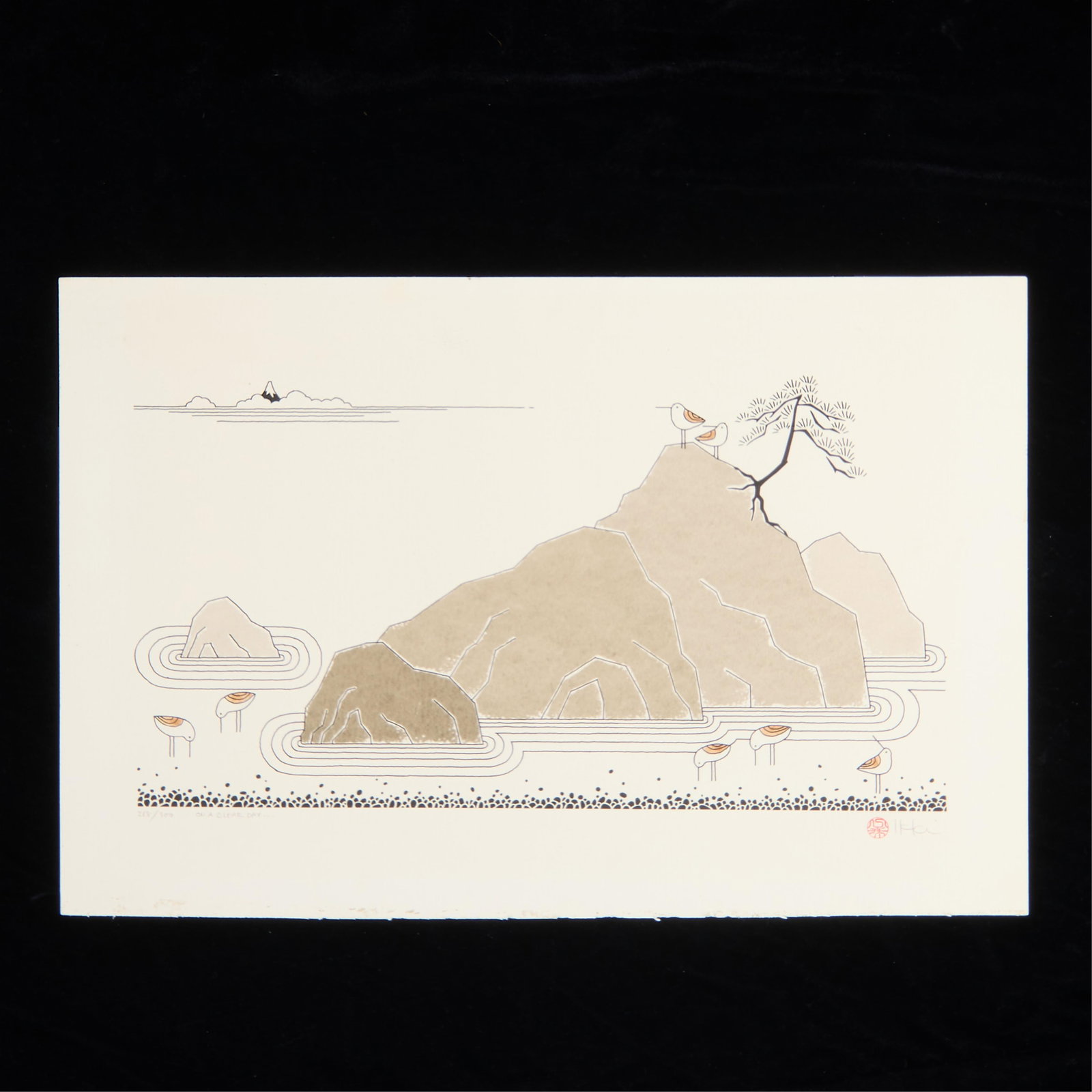 Ikki Matsumoto "On a Clear Day" Signed Lithograph: Ikki Matsumoto (Japanese, 1935-2014). Lithograph on paper titled "On a Clear Day..." depicting birds amid a rocky landscape. Pencil signed, titled, and editioned 268/300 along the lower margin. With r