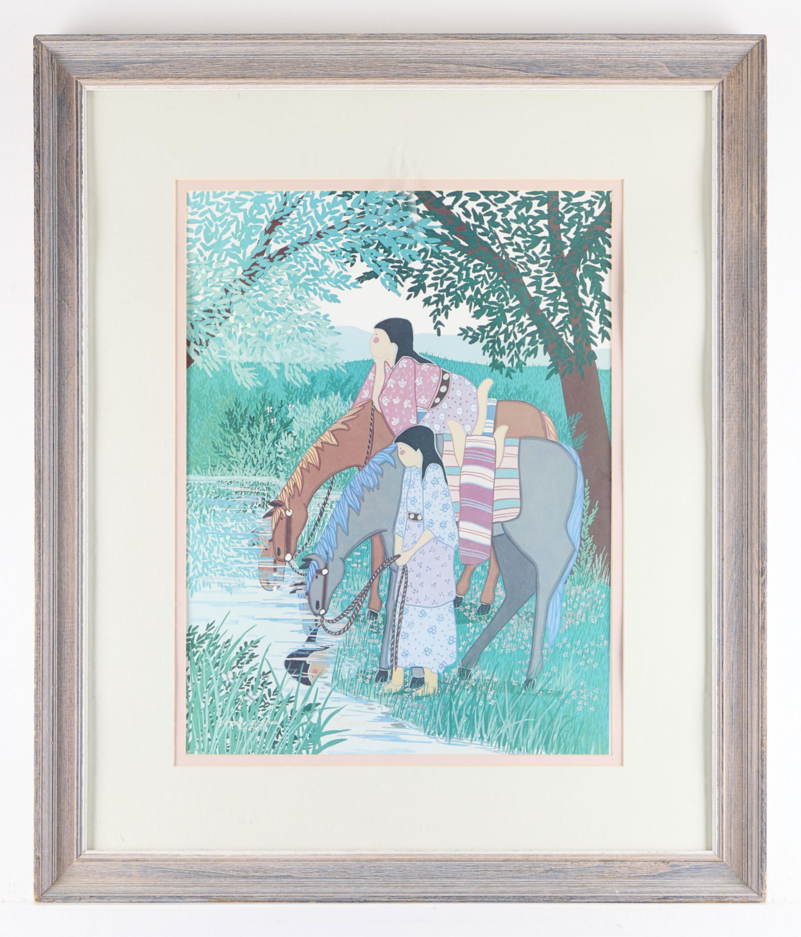 Virginia Stroud Native American Lithograph: Virginia Stroud (Cherokee-Muscogee, 1951-2024). Lithograph on paper depicting two Native American women with horses. Signed and numbered 128/1000 faintly along the lower center.Sight; height: 19 3/4 i