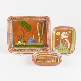 3 Mexican Folk Art Tlaquepaque Pottery Trays