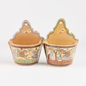 2 Vintage Mexican Tlaquepaque Petatillo Pottery Wall Pockets