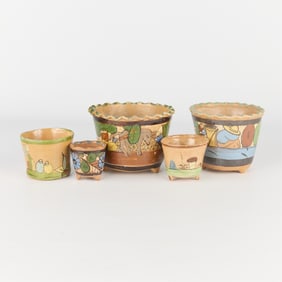 5 Mexican Folk Art Tlaquepaque Pottery Flower Pots