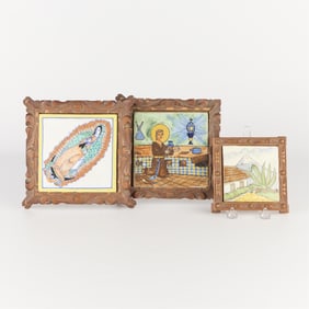 3 Mexican Folk Art Talavera Pictorial Pottery Tile Trivets