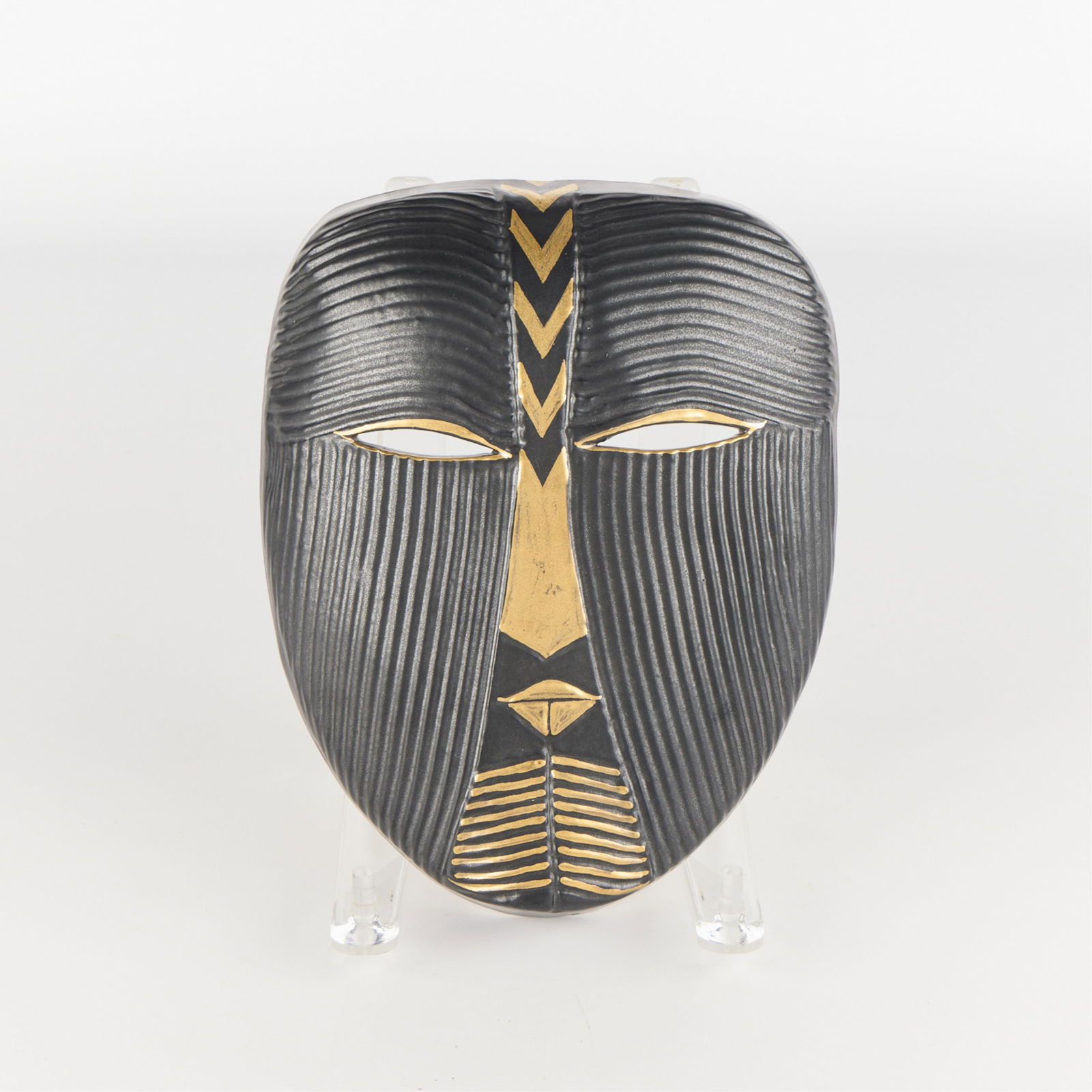 Lisa Larson Gustavsberg Swedish Pottery Demon Mask: Lisa Larson Demon Mask (Black). Lisa Larson hand decorated black and gold demon wall plaque. Larson designed the demon in 1974 for the Gustavsberg factory. Made at the Ceramic Studio Gustavsberg in th