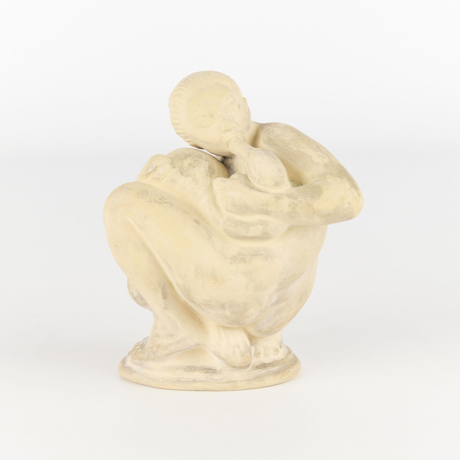 Nielsen for Herman Kahler "Leda & Swan" Sculpture: Kai Nielsen (Danish, 1882-1924) for Herman A. Kahler unglazed earthenware sculpture titled, "Leda and the Swan," ca. 1920. Depicting mythical figure Leda and a swan. Incised signature and numbered 636