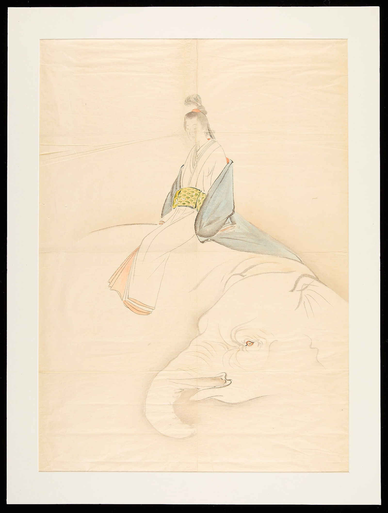 After Maruyama Okyo "Eguichi no Kimi" Painting: Shita-e painting after Maruyama Okyo's (1733-1795) work depicting Eguchi no kimi (Lady Eguchi). The work is of a Buddhist trope of enlightened deities astride an emblematic white elephant. By replacin