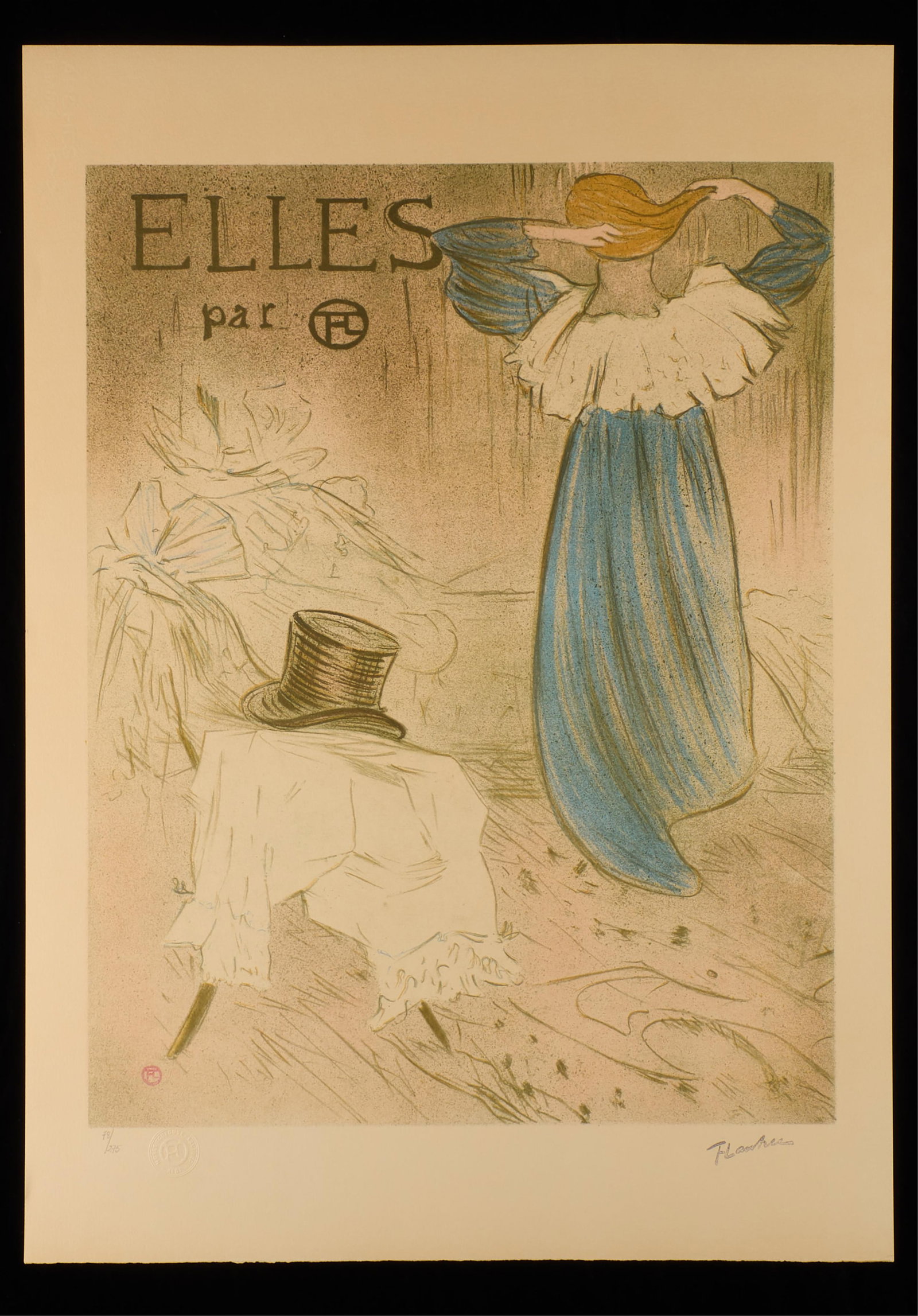 Henri de Toulouse-Lautrec "Elles" Print: Lithograph print titled "Elles," depicting a woman in a blue gown holding her hair. Signed along the lower right. Pencil numbered 78/275, blind-stamped, and ink-stamped along the lower left. Faintly s