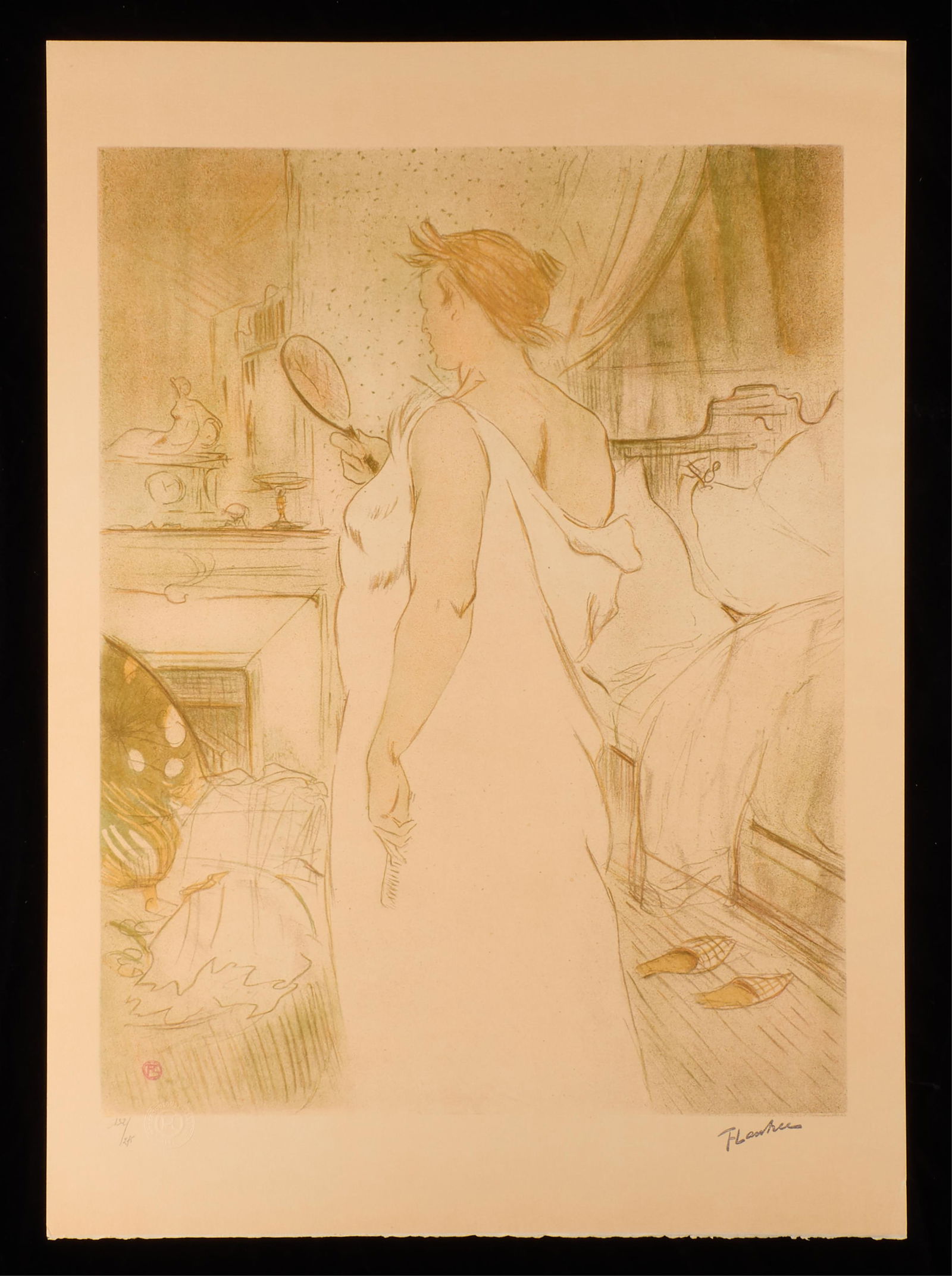 Henri de Toulouse-Lautrec "Woman in Mirror" Print: Lithograph titled "Woman Looking into a Mirror Held in her Hand" or "Femme a la Glace," depicting a woman looking into a handheld mirror. From the series "Elles." Signed along the lower right. Numbere
