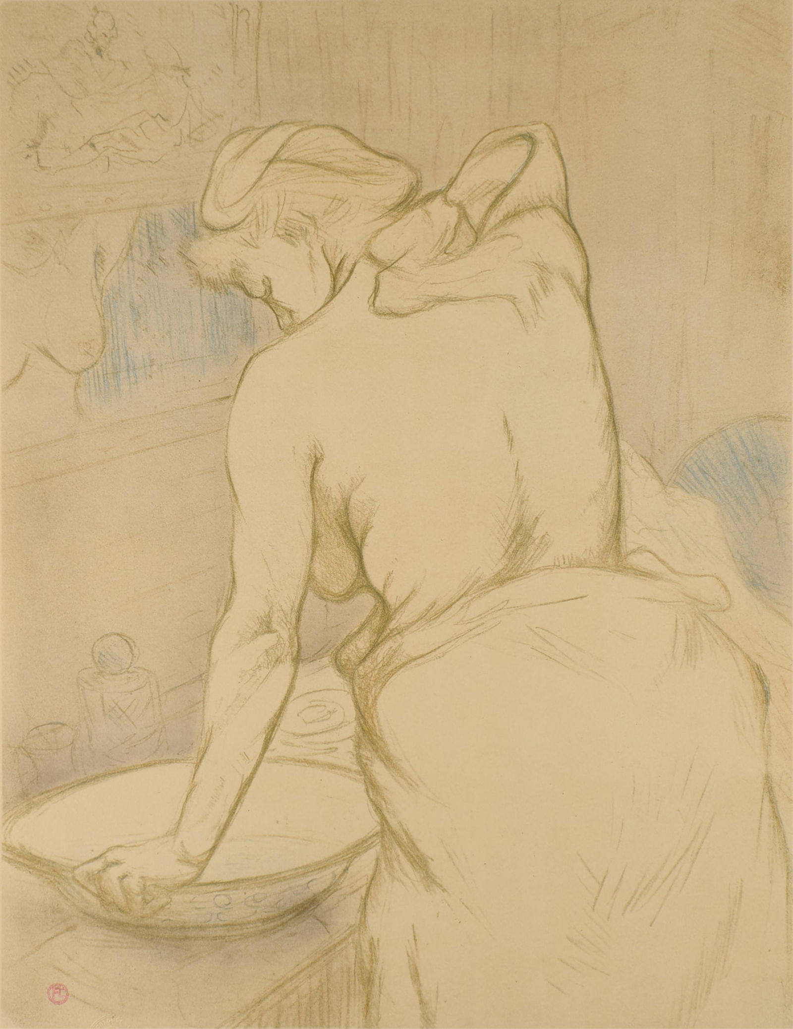 Henri de Toulouse-Lautrec "Washing" Print: Lithograph print titled "Woman Washing Her Hair" or "Washing" from series titled "Elles." Signed along the lower right. Numbered 23/275, blind-stamped, and ink-stamped along the lower left. Faintly st