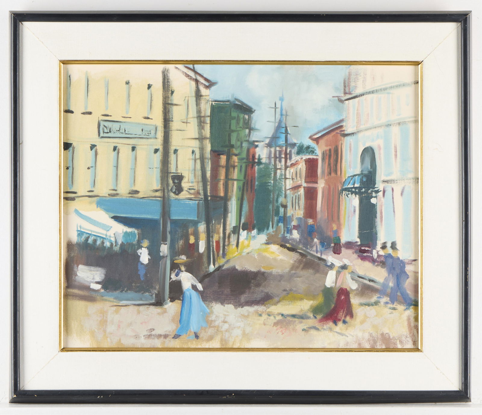 Vintage Oil on Board City Street Landscape Painting - Initialed JH (1 of 4)
