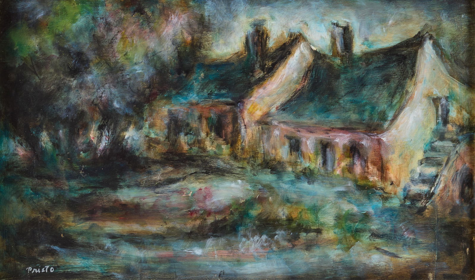Domingo Prieto " La Vallee" Landscape Painting: Oil on board painting titled "La Vallee," depicting homes in a darkened landscape. Signed along the lower left. Further signed and titled along the verso.Height: 15 3/4 in x width: 22 1/2 in x depth: