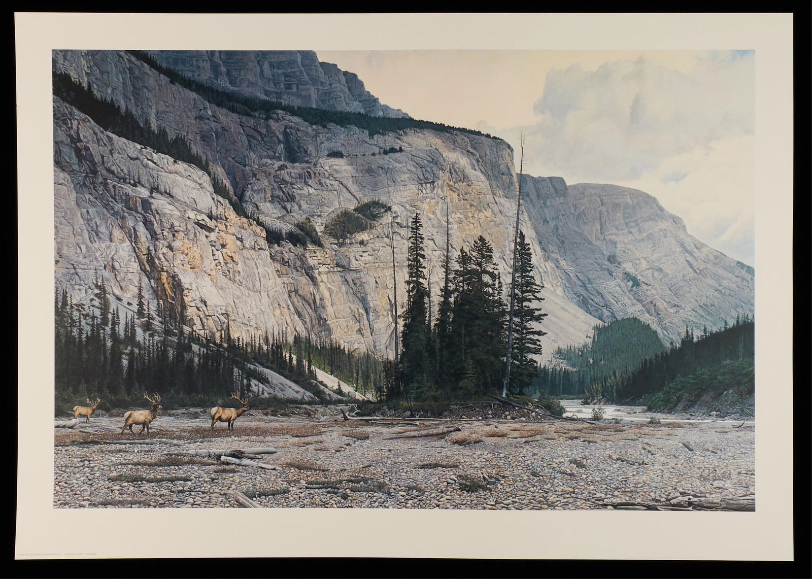 Brent Townsend "Riverbed" Print 1992: Print depicting deer or elk roaming near the riverbed with a mountain landscape in the background. Pencil signed, numbered 505/1000. Further signed and dated 1992 in print. Further dated, titled, and