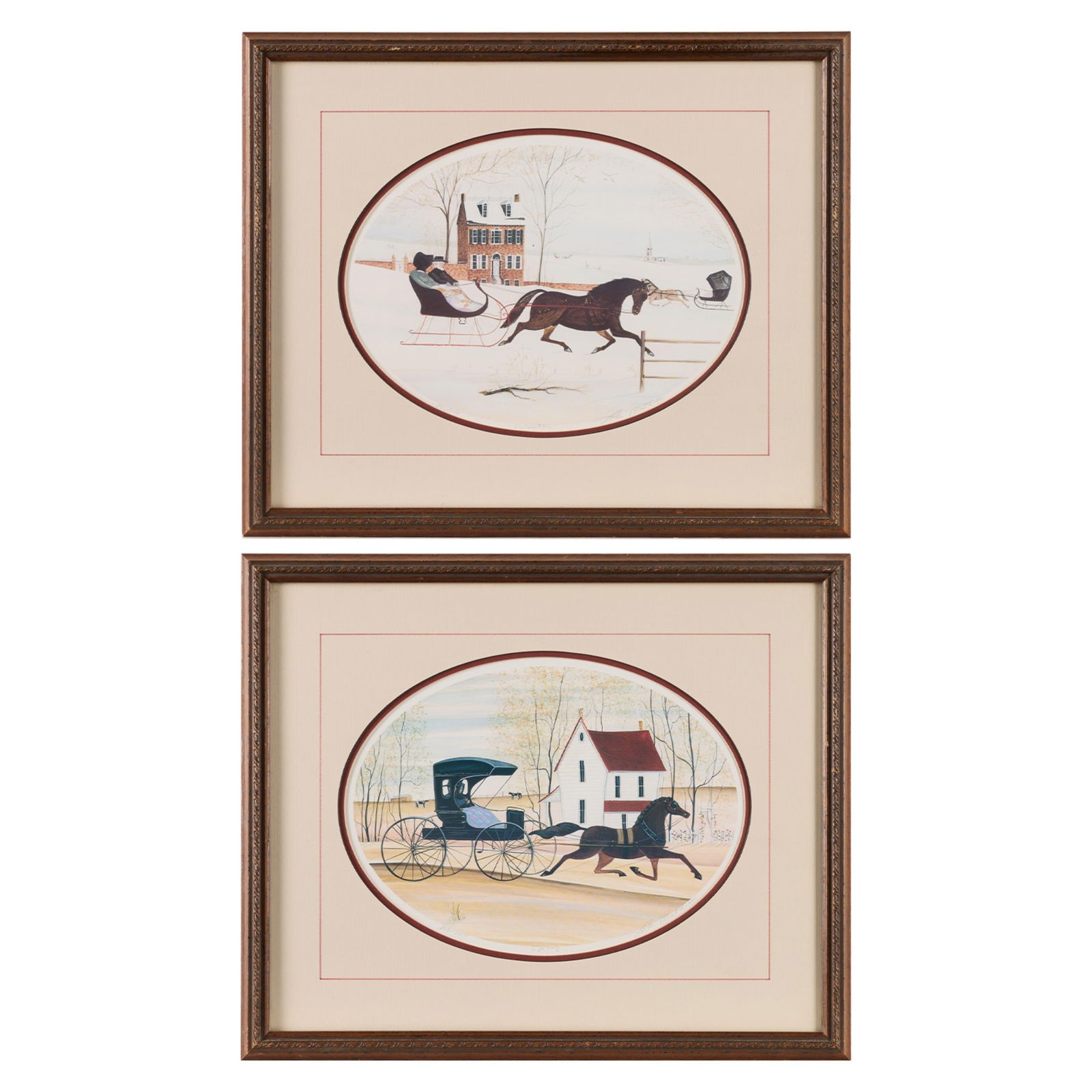 2 Style of P. Buckley Moss Prints - Spring & Winter: Group of two prints on paper titled "Spring" and "Winter" depicting landscapes of the titular seasons. "Spring" pencil editioned 232/1000, titled, and signed "John Matana" along the lower margin. "Win