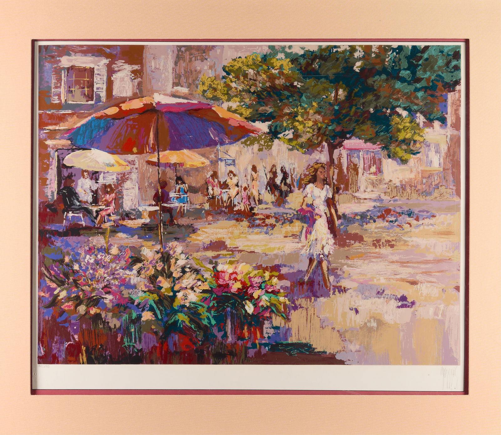 Mark King "Parasol" Serigraph 187/295: Mark King serigraph on paper titled "Parasol" depicting a vibrant city streetscape. Editioned 187/295 and blindstamped along the lower left. Pencil signed along the lower right.Height: 40 in x width: