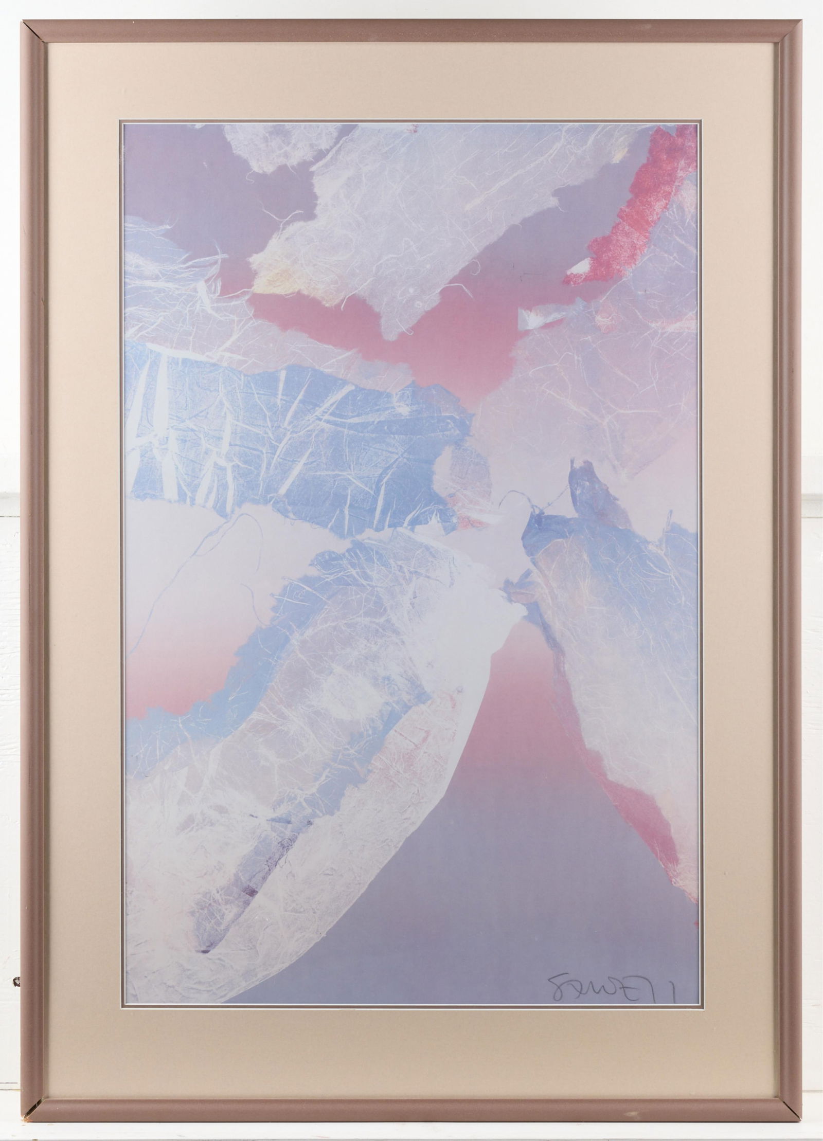 Scott Sandell Pink & Purple Abstract Print: Print depicting abstract motifs. Executed in pink, purple, and blue hues. Pencil signed along the lower right.Height: 40 in x width: 28 1/4 in x depth: 1 1/4 in.