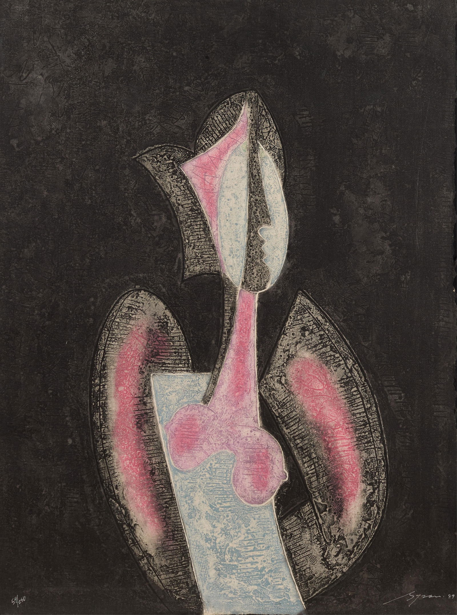 Byron Galvez "Eve" Acryli-graphy 1989: Depicting an abstracted female nude on a black background. Signed and dated along the lower right; numbered 54/250 along the lower left. With a Certificate of Authenticity.Height: 42 3/4 in x width: 3