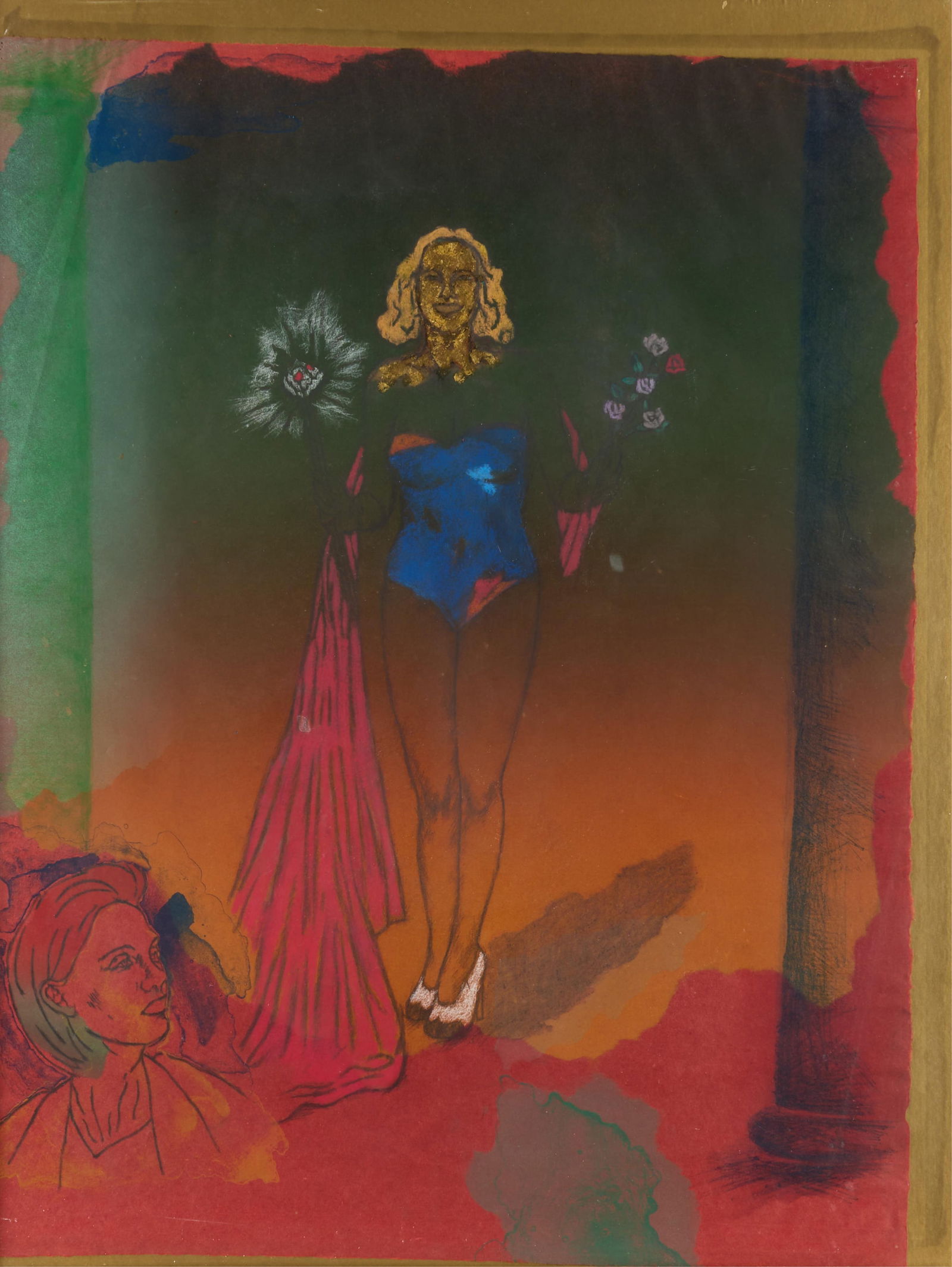 Scott Seekins Pastel "Caped Woman" Drawing: Oil pastel drawing depicting a central female figure robed in a pink cape, holding a flower, and an additional female figure along the lower left corner.Height: 35 1/2 in x width: 27 3/4 in x depth: 1