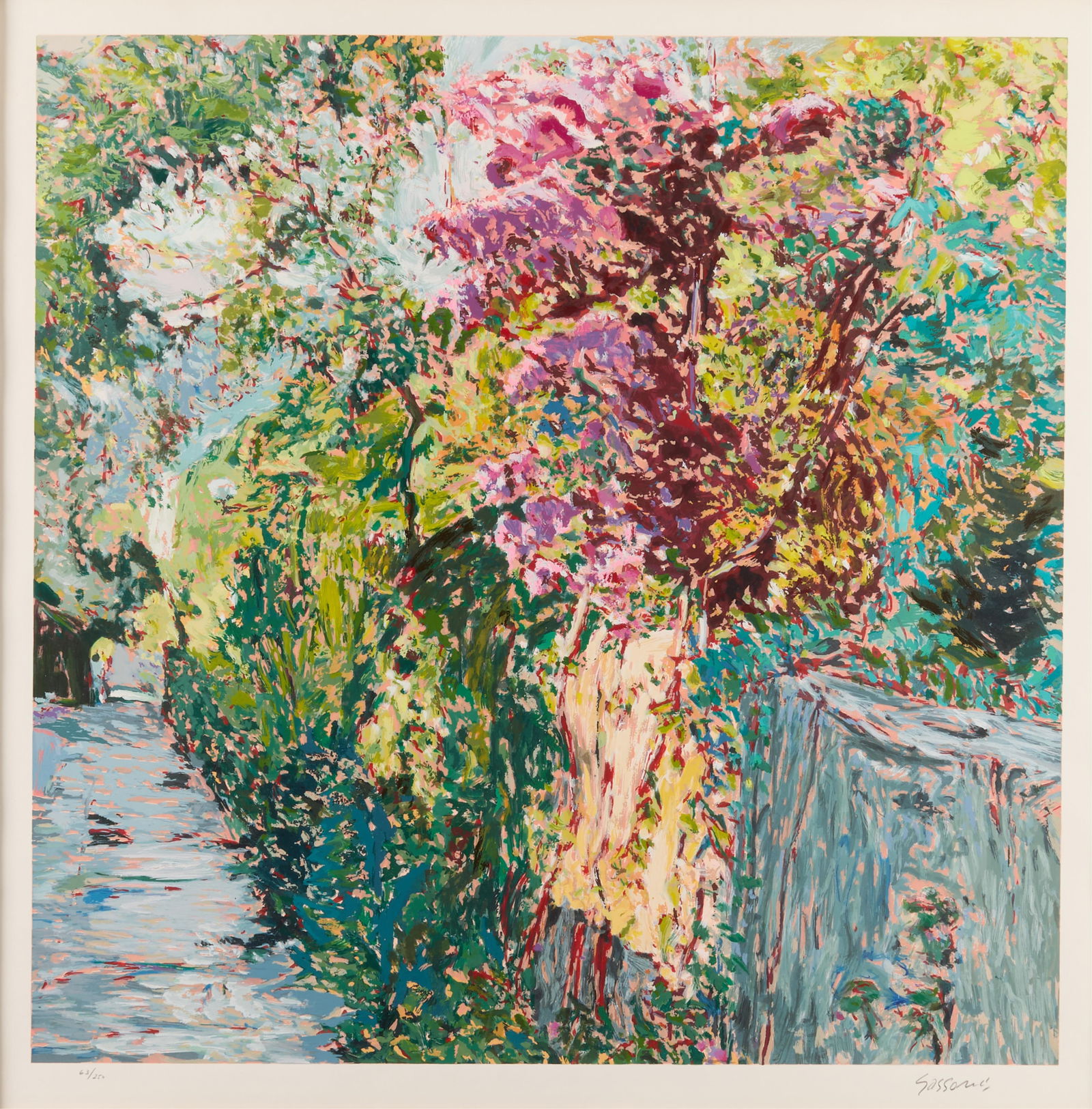 Marco Sassone "Corniglia" Original Print: Print titled "Corniglia," depicting an elegant alley featuring vibrant foliage. Pencil signed along the lower right and numbered 63/250 along the lower left.Height: 39 1/2 in x width: 38 1/2 in x dept