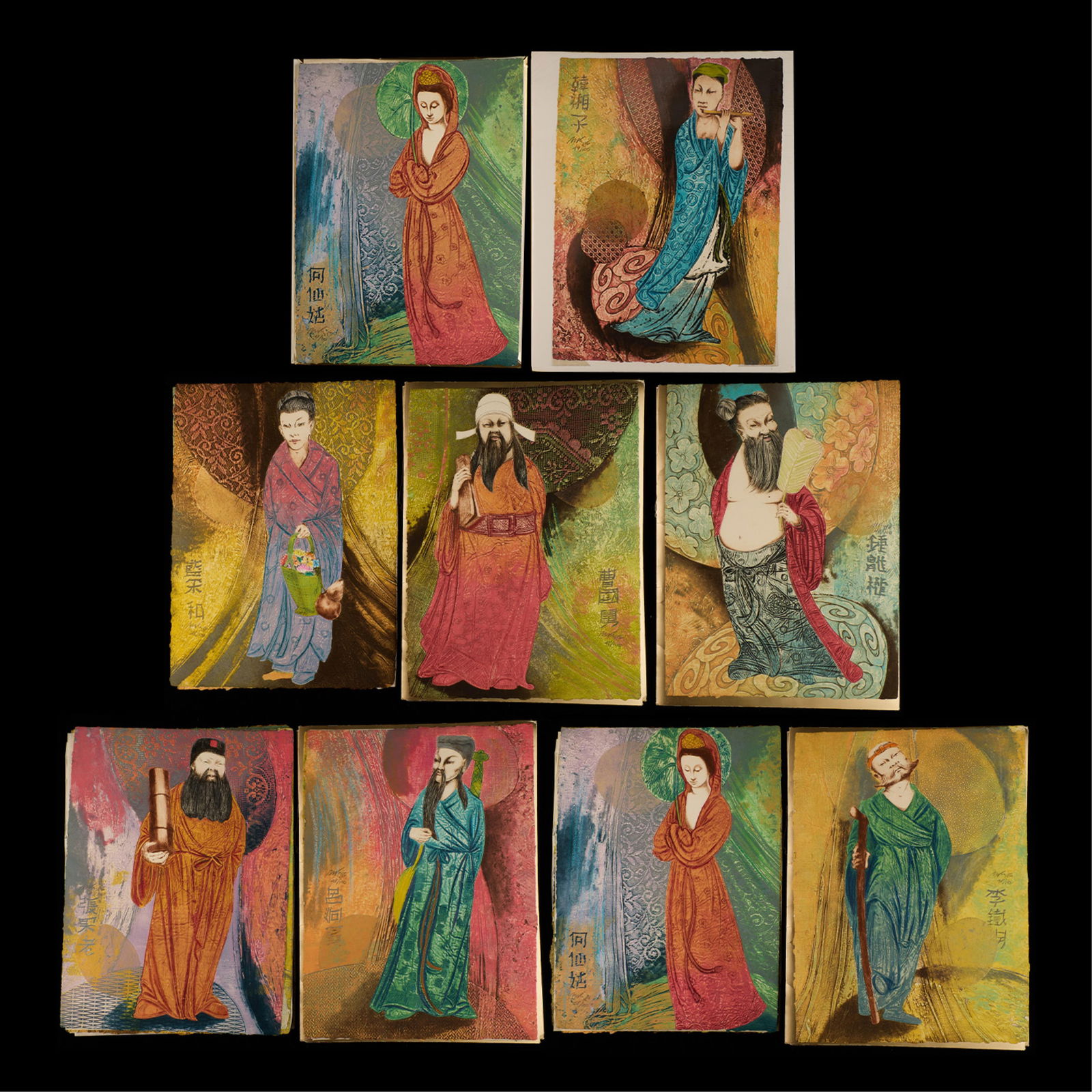 2 Mikulas Kravjansky "Eight Immortals" & 1 Print: Including two S/N complete sets of Mikulas Kravjansky's "Eight Immortals" suite, editioned 47/100 and 48/100. And one embossed S/N lithograph of "Han Hsien-Tzu" from the "Eight Immortals" suite.(Shipp