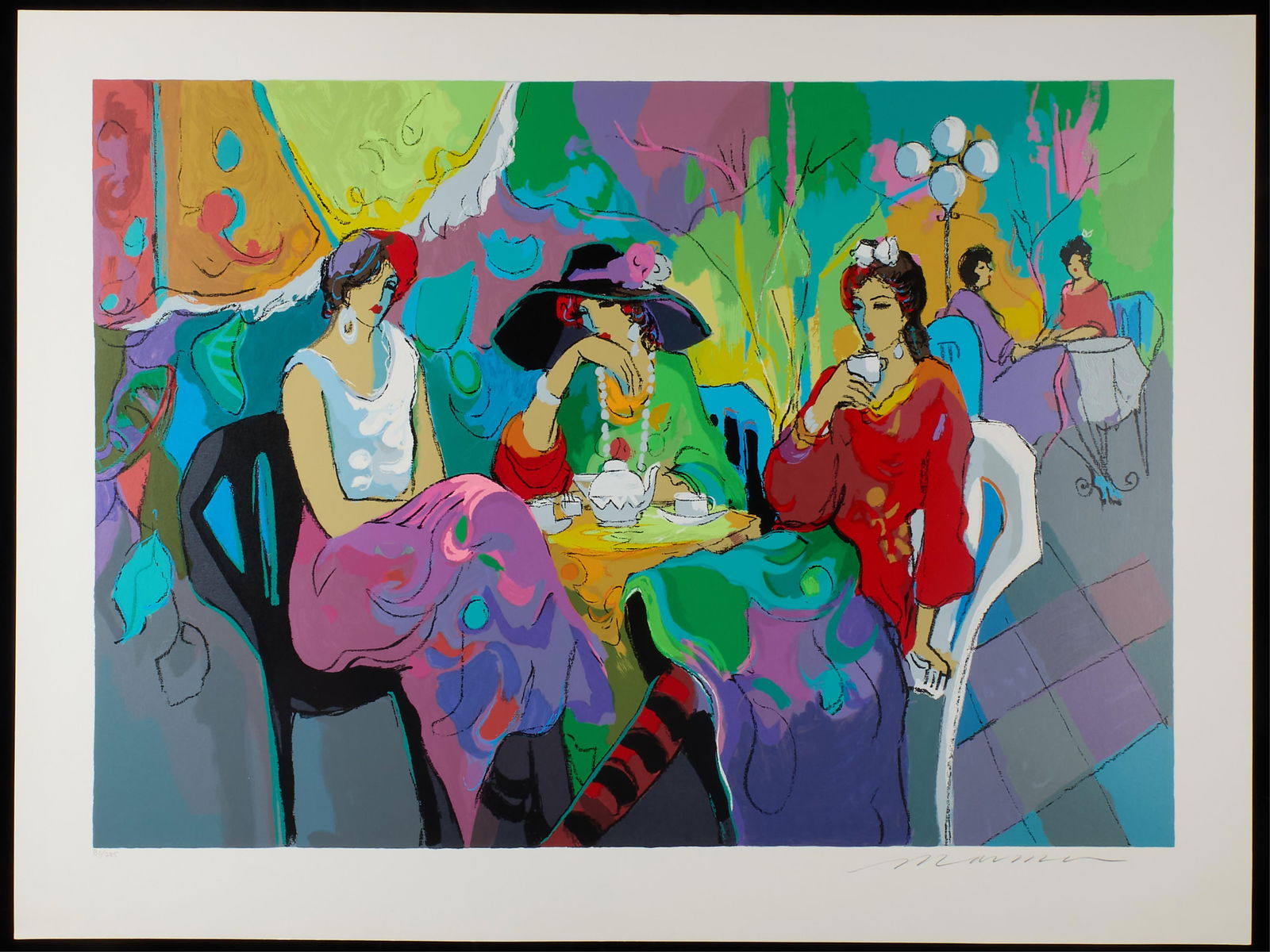 2 Isaac Maimon "Bank Cafe" & "Garden Cafe" Prints: Including "West Bank Cafe," numbered LIX/CCXV, and "Park Garden Cafe," numbered 80/275. Each depicting elegantly dressed women seated in vibrant cafes. Each with Certificates of Authenticity.Height ra