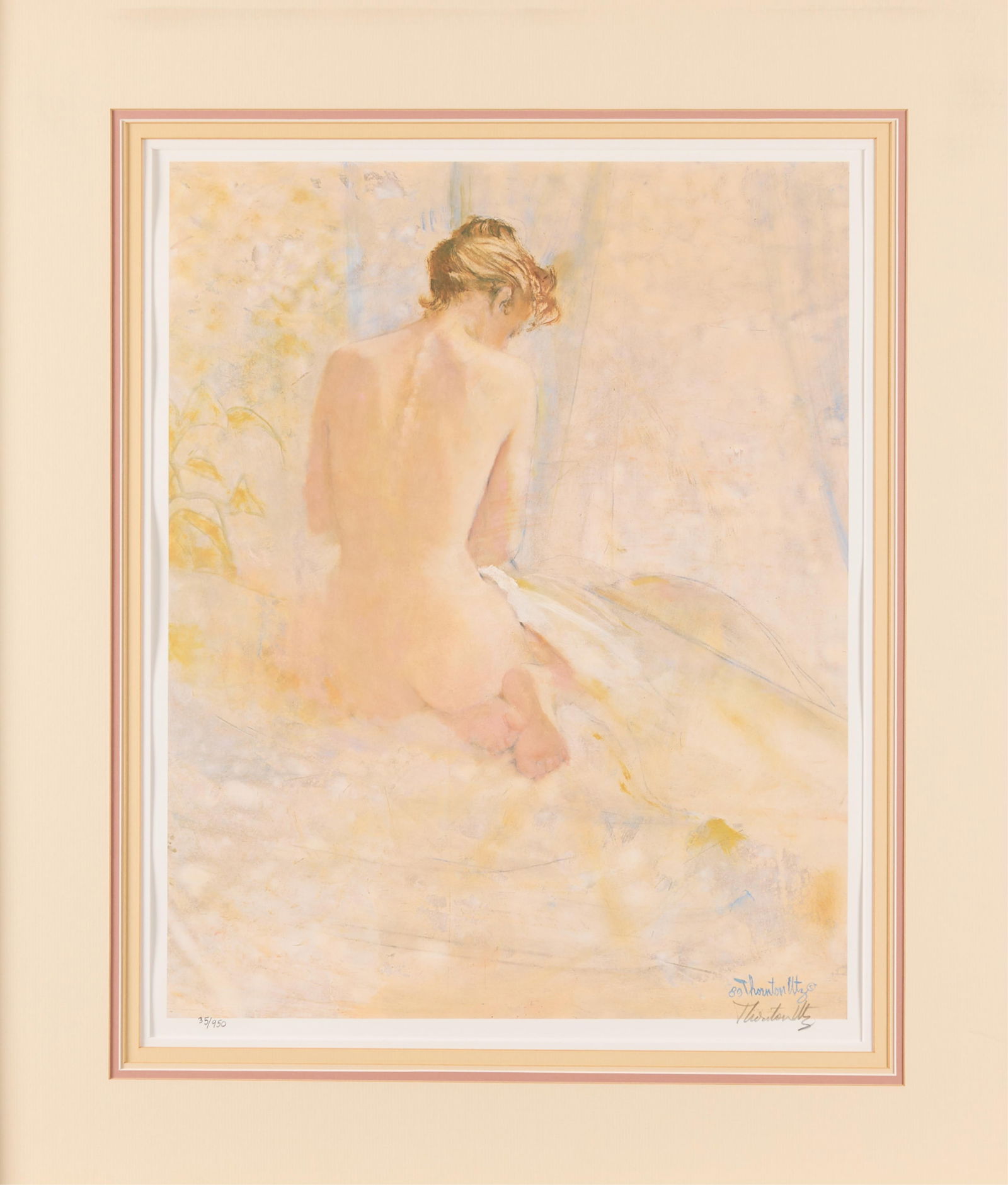 Thornton Utz "Early Light" Nude Gesso Painting 1989: Gesso painting on paper depicting the back of a female nude. Signed twice along the lower right. Height: 31 in x width: 27 in x depth: 1 in.