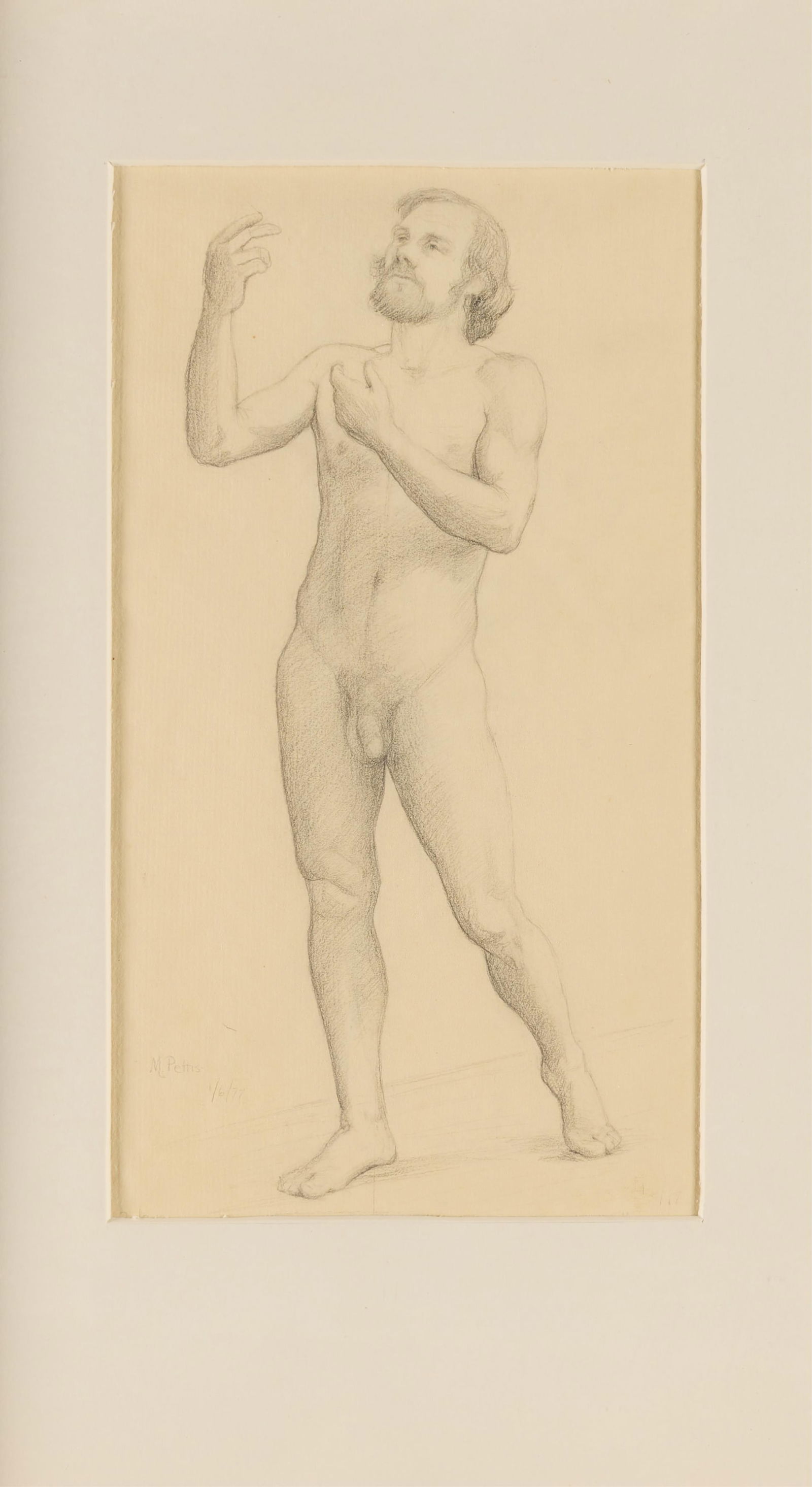 Mary Rose Pettis "Nude Male" Graphite Drawing 1977: Graphite pencil on paper drawing depicting a nude male figure. Pencil signed and dated 1977 along the lower left; numbered 417 along the lower right. Height: 17 in x width: 11 in x depth: 3/4 in.