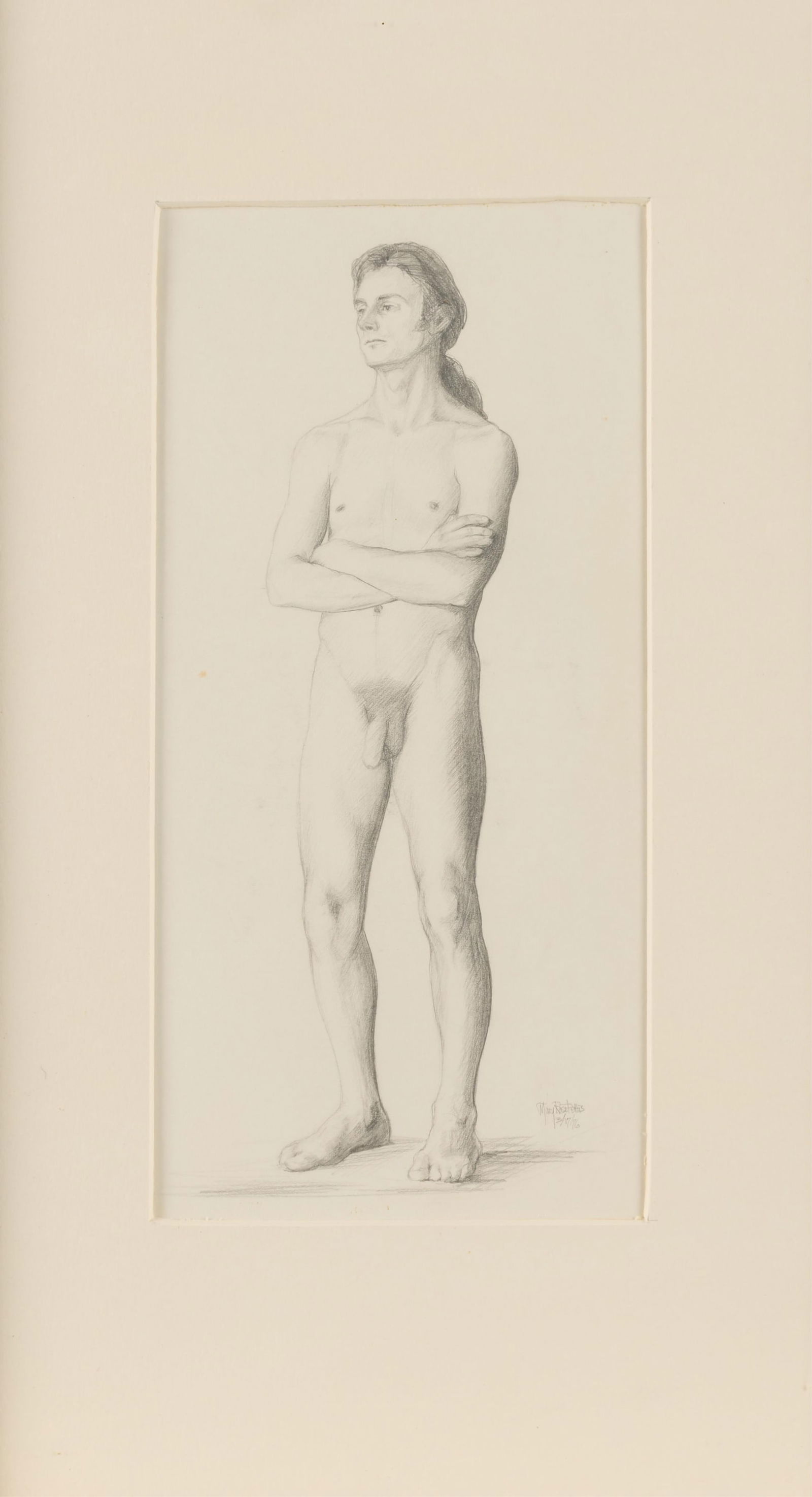 Mary Rose Pettis "Nude Male" Graphite Drawing 1976: Graphite pencil drawing depicting a nude male figure. Pencil signed and dated 1976 along the lower right.Height: 17 in x width: 10 3/4 in x depth: 3/4 in.