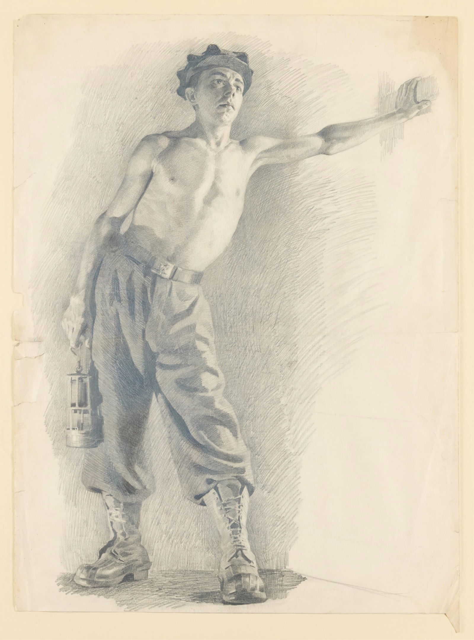 Graphite Drawing of a Working Man: Graphite drawing of a partially nude man dressed in workman's clothes holding a lantern. Height: 40 1/4 in x width: 31 1/2 in x depth: 1 1/4 in.