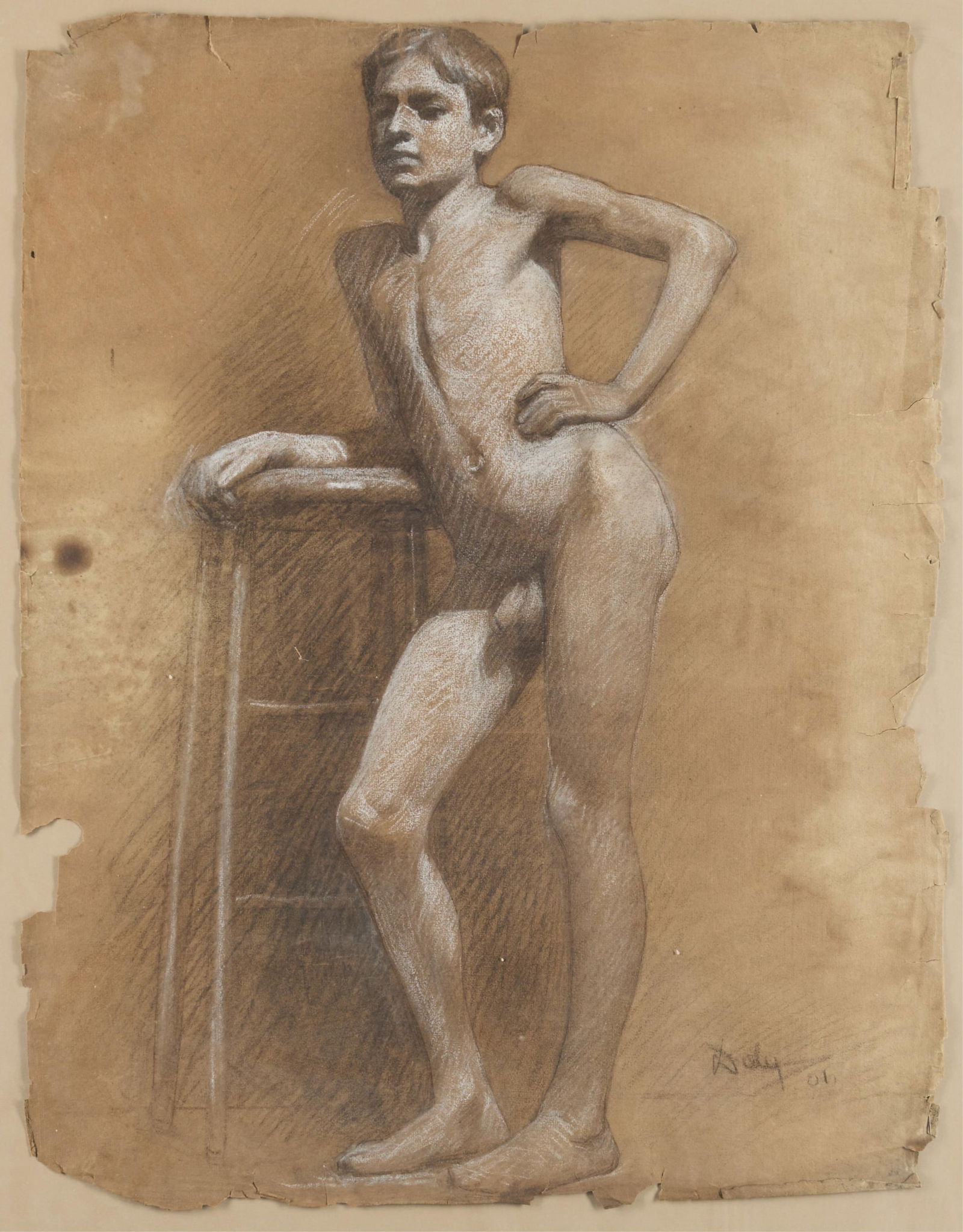 Nude Drawing of Man Signed "Daly": Graphite and oil pastel drawing of a nude man. Signed "Daly" and dated 2001 along the lower right.Height: 32 1/2 in x width: 27 1/4 in x depth: 3/4 in.