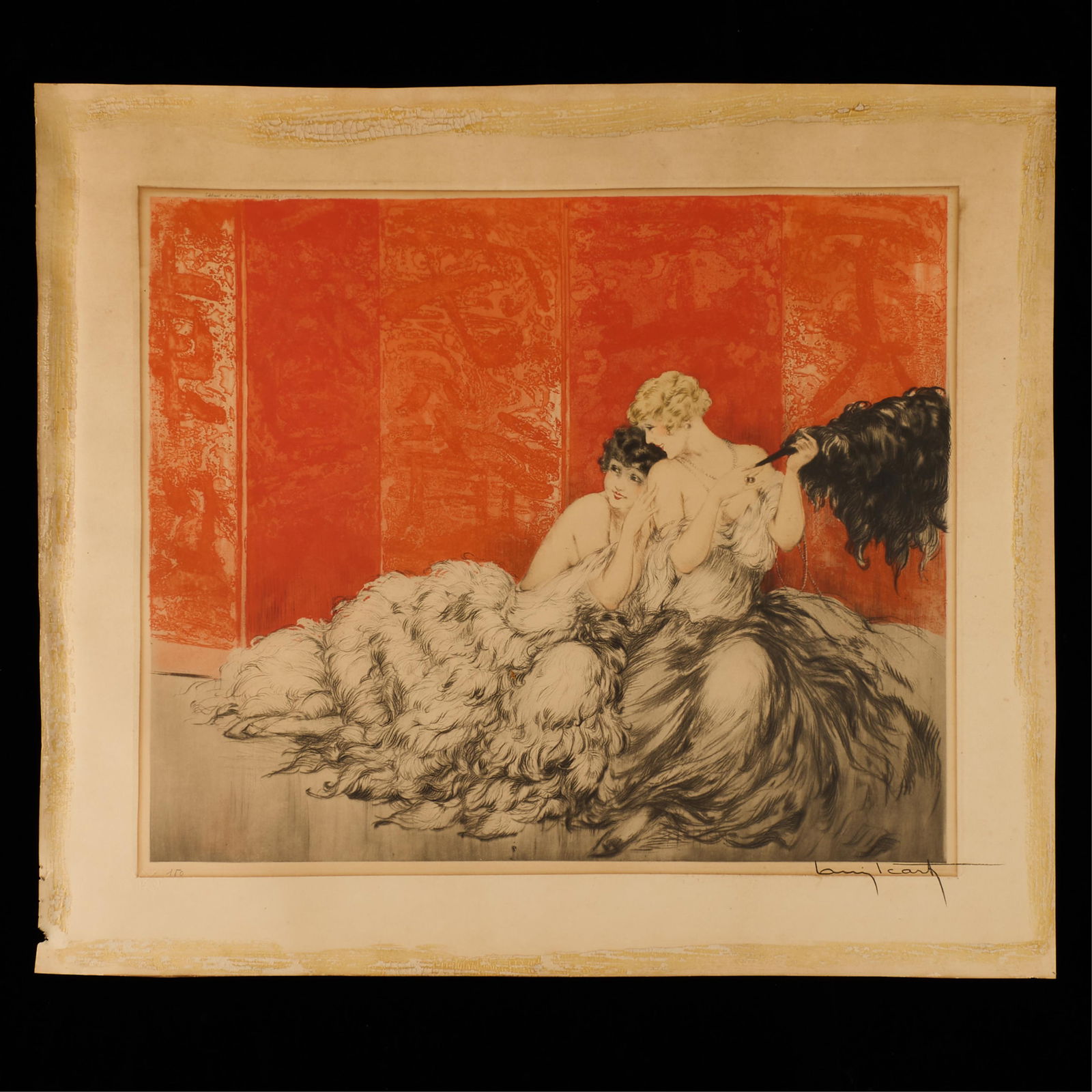 Louis Icart "Mockery" Etching: Etching titled "Mockery," depicting two glamorous women in elaborate, feathered dresses. Marked "Editions d'Art Dewarndez. 23 Rue L droisier. Paris" and "Copyright 1928 by L. Icart Paris" along the