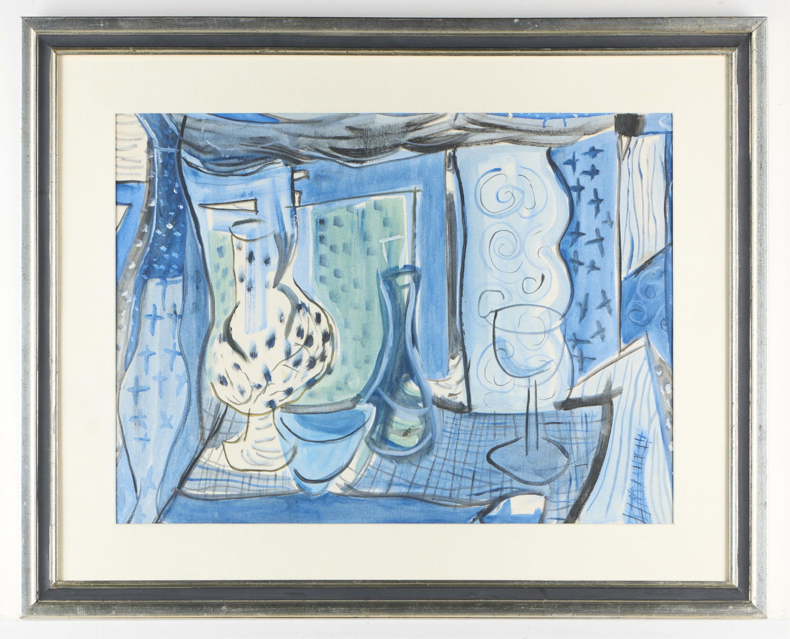 Unsigned Abstract Cubist Watercolor Painting: Modern and abstract cubist still life watercolor on paper painted depicting a kitchen table scene with wine glass, carafes or vases, and window.Height: 24 1/2 in x width: 30 1/2 in x depth: 1 in.