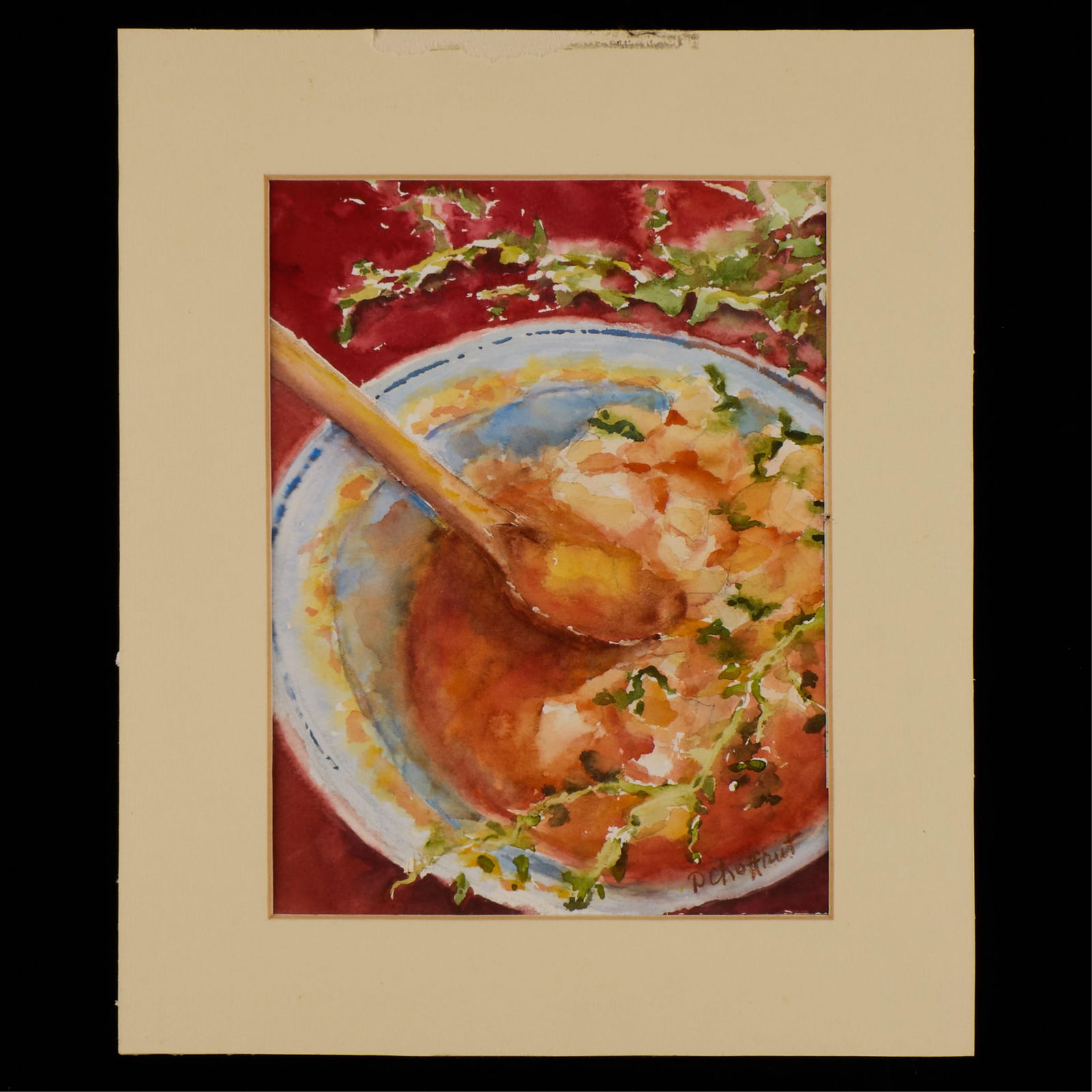 "Pasta Bowl" Painting On Paper - Signed Illegibly: Painting on paper depicting a bowl of food, possibly a bowl of pasta with an abundance of tomato sauce and sprigs of herbs. Signed illegibly along the lower right. Perfect addition to a room for